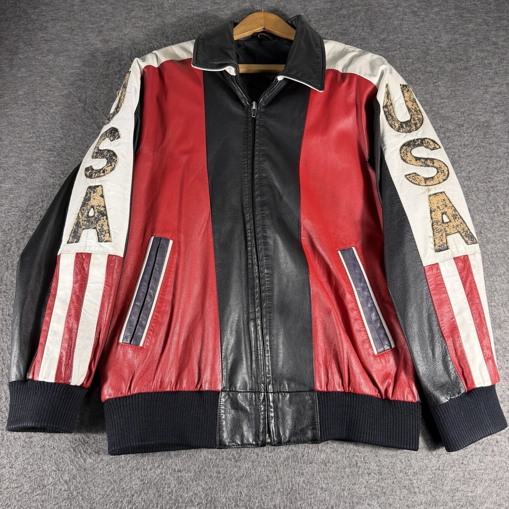 Pelle USA Flag leather Jacket Vintage Size Medium Distressed Biker Patriotic